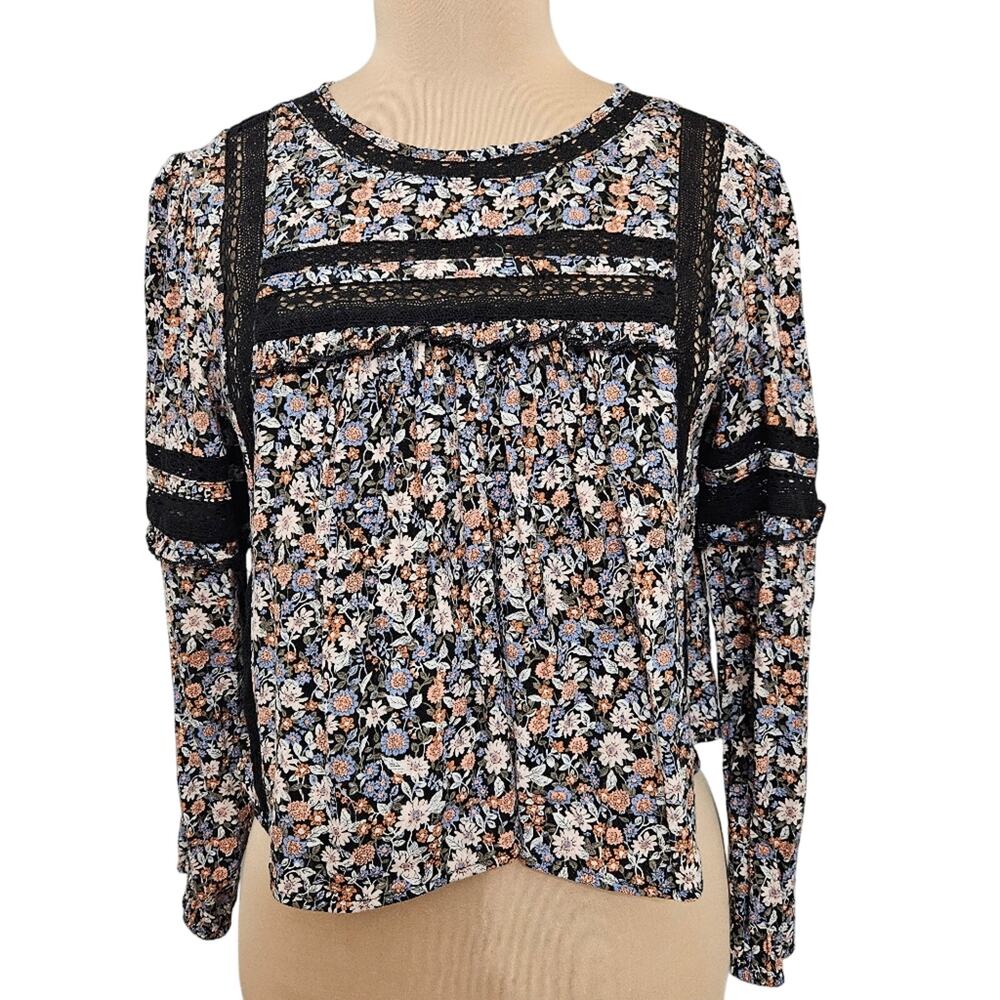 American Eagle Boho Floral Lace Long Sleeve Blouse Black Whimsigoth Dark Fairy